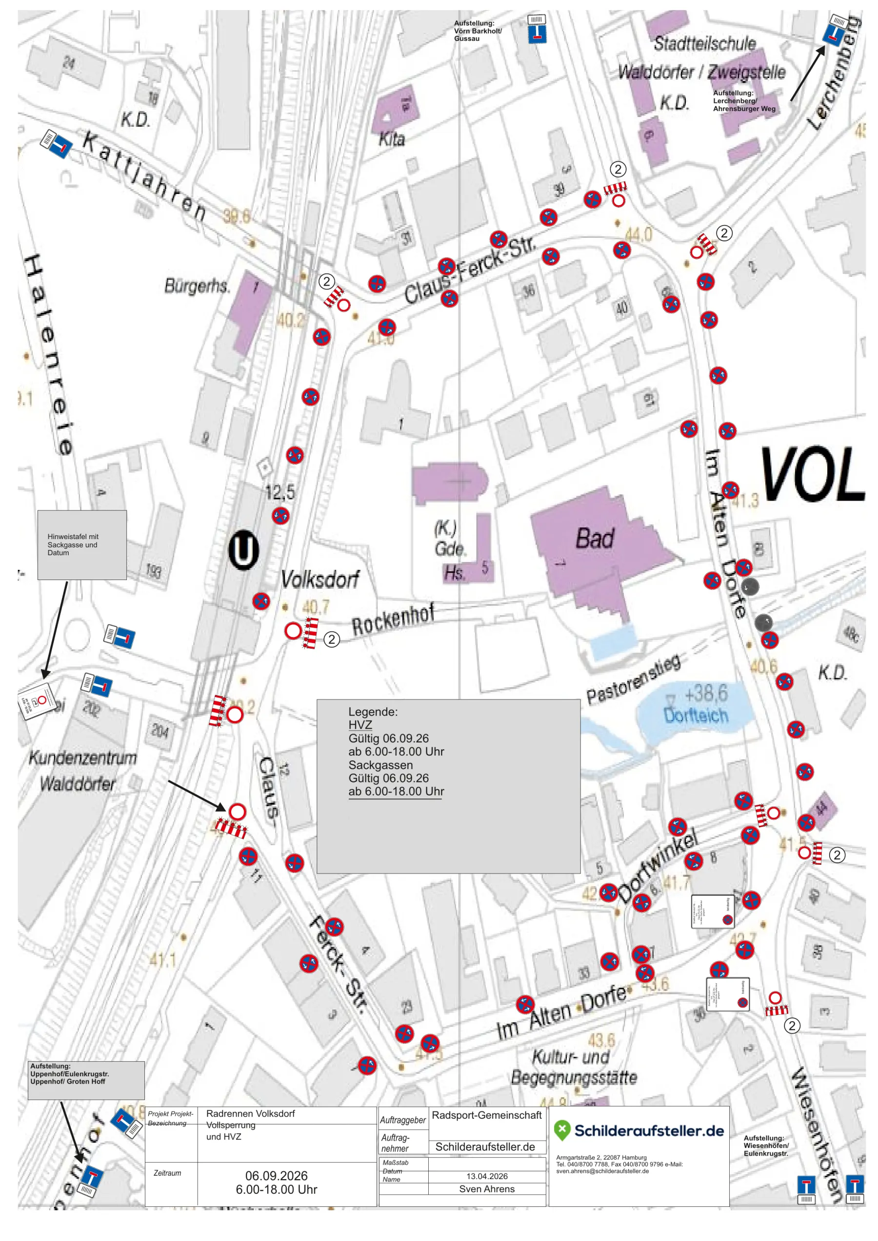 Schilderplan mit Rundkurs und Straßensperrungen des Großen Preises von Volksdorf 2026